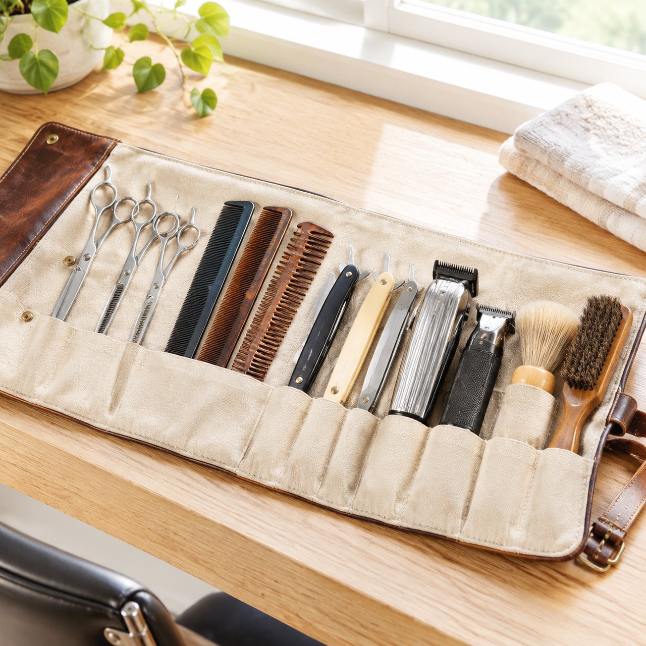 A barber's tool roll with scissors, clippers and razors
