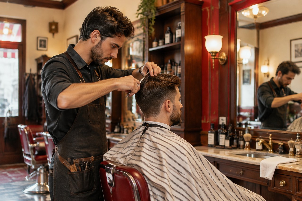 A Hotspur barber cutting a client's hair